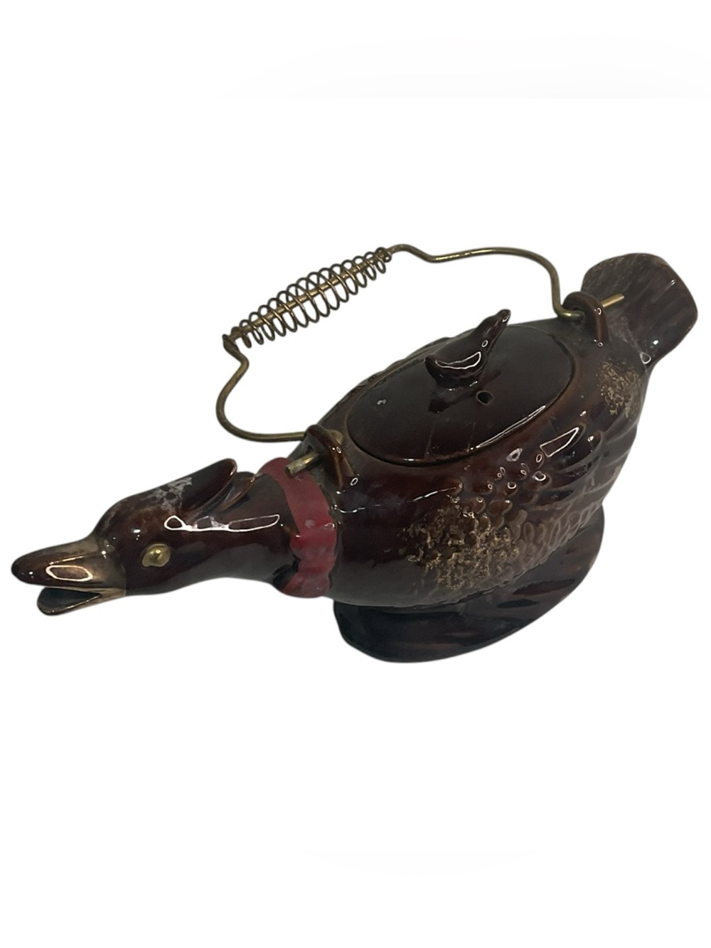 Vintage Japanese Redware Goose Duck Teapot Brown Glaze Gold Accents Wire Handle
